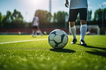 Obraz premium Athlete Kicking Soccer Ball on Stadium Grass