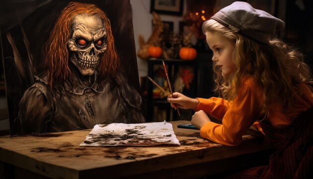 Photo of a young girl painting a picture of a clown with a spooky twist