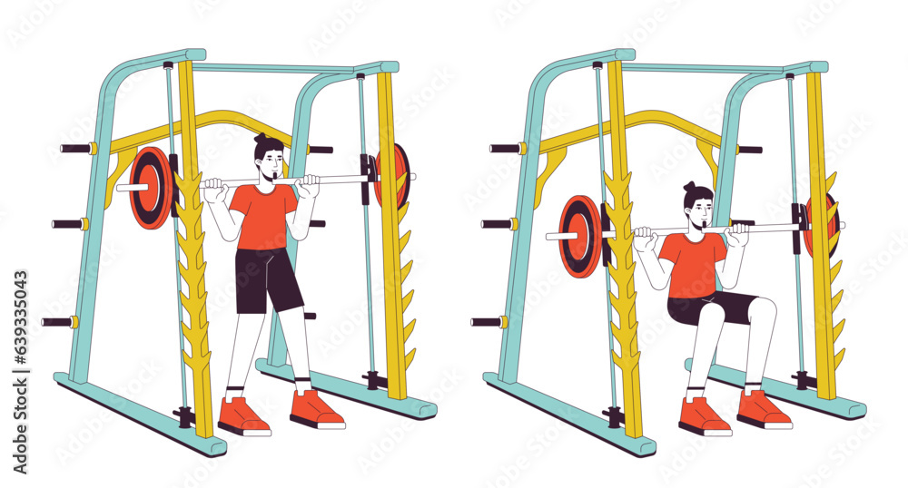Poster muscle building with weight power rack flat line vector spot illustration. sportsman 2d cartoon outl
