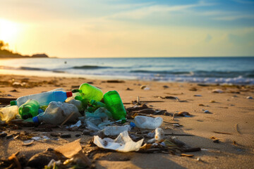 Environmental Rebirth: Green Recycling Sign Flourishing Amidst Beach Litter