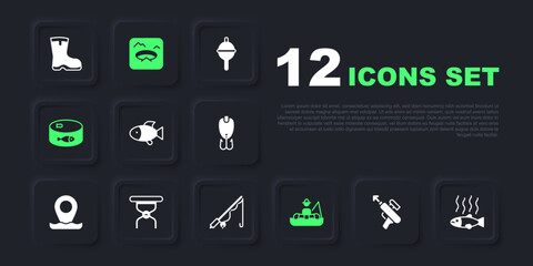 Set Fishing harpoon, Dead fish, Fisherman boat, Canned, Camping folding chair, Winter fishing and rod icon. Vector