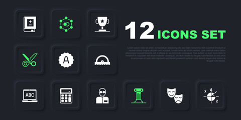 Set Comedy and tragedy masks, Trigonometric circle, Exam sheet with A plus grade, Law pillar, Scissors, Calculator, Molecule and Teacher icon. Vector