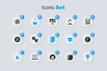 Set File document, Comedy and tragedy masks, Test tube, Trigonometric circle, Unknown search, Exam paper with incorrect answers, Atom and Clipboard checklist icon. Vector