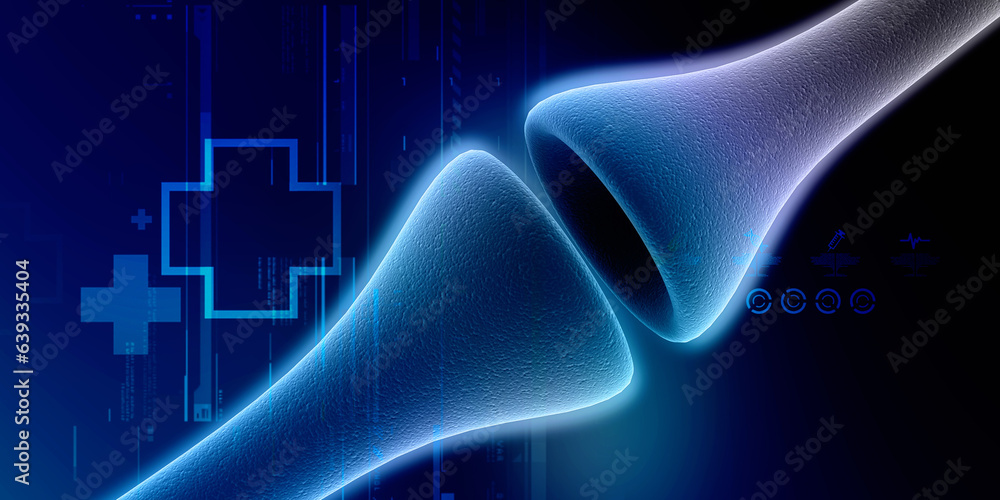Poster synapse and neuron cells sending electrical chemical signals. 3d rendering