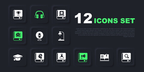 Set Open book, Book about women, Microphone, Photo album gallery, Law, Headphones and Chemistry icon. Vector