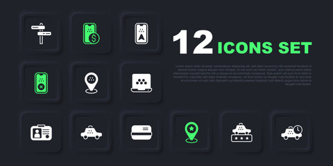 Set Taxi service rating, waiting time, Location taxi car, with star, mobile app, Mobile banking and Credit card icon. Vector