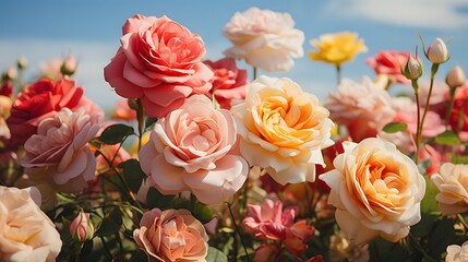 Colorful roses blooming in the garden at sunset. Nature background	