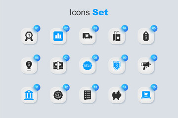 Set Piggy bank, Stacks paper money cash, Pie chart infographic, Bank building, Shopping cart screen laptop, Megaphone, Medal and Price tag with New icon. Vector