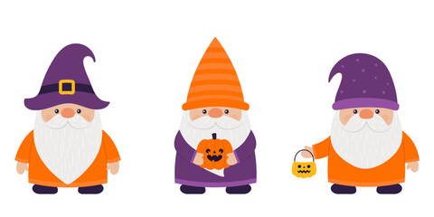 Funny happy halloween gnomes set. Vector illustration