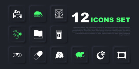 Set Moon and stars, Pillow, Sheep, Earplugs ear, Sleeping pill, hat and Sleepy icon. Vector