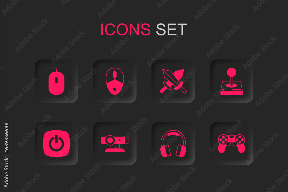 Poster set web camera, computer mouse, headphones, joystick for arcade machine, game controller joystick, s