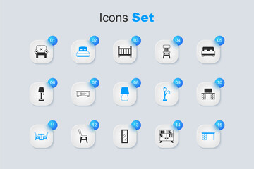 Set Library bookshelf, TV table stand, Big bed, Table with chair, Office desk, Armchair and lamp icon. Vector