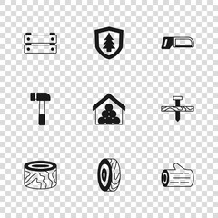 Set Tree rings, Metallic nail, Wooden log, logs, Hacksaw, box, Shield with tree and Hammer icon. Vector