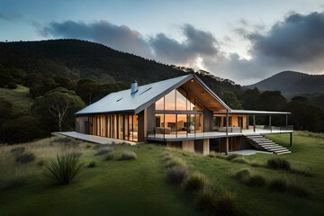 A Modern wooden house on the lake.
