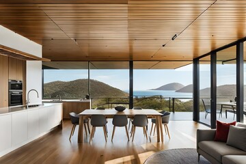Dining room with table with view of Mountains.