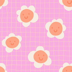 Fun Daisy Naive groovy seamless pattern with doodle grid. Contemporary colorful trendy backgrounds for kids in pink. Scandinavian nursery print