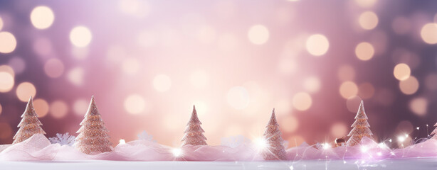 Obraz na płótnie Canvas Christmas card with decorative fir trees on a blurred background with lights, legal AI