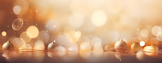 christmas card with christmas balls on blurred golden background with lights, legal AI