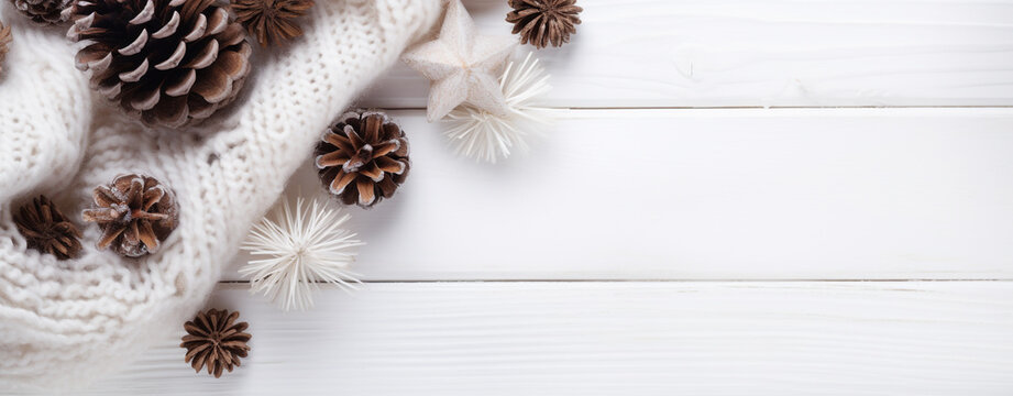 Christmas card with white wool scarf and pine cones lying on white wooden table with copy space, legal AI