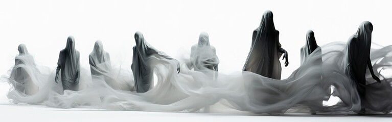 Ghostly figures panoramic banner over white background