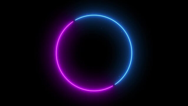 Animated neon glowing circle frame. Colorful laser show seamless loop 4K video. Futuristic light effect isolated on black. VJ backdrop for club, show, music video, presentation with glow particles