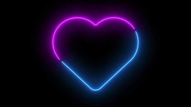 Animated neon glowing heart frame. Colorful laser show seamless loop 4K herat icon. Futuristic light effect isolated on black. VJ backdrop for club, show, music video, presentation with glow particles