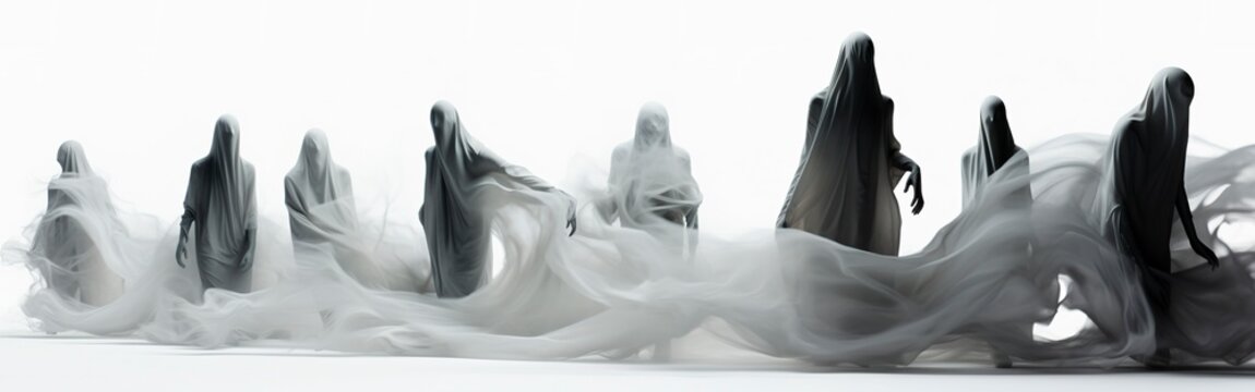 Ghostly figures panoramic banner over white background