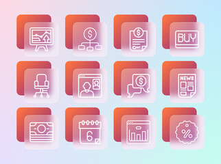 Set line Buy button, Calendar, Business negotiations, Browser with stocks market, Video chat conference, Contract money, Monitor graph chart and Hierarchy dollar icon. Vector