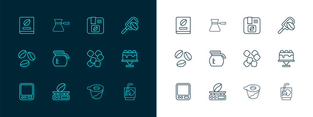 Set line Spatula with coffee grain, Electronic scales, Sugar cubes, Pour over maker, Coffee pot, Bag beans, book and turk icon. Vector