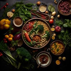 Obraz na płótnie Canvas Diverse plant-based meals grace the table, celebrating the flavors and creativity of vegetarian cuisine, fostering health and ethical choices. AI Generated