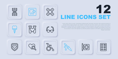 Set line Emergency - Star of Life, Pills in blister pack, Test tube with blood, Pipette, Dental implant, Medical heart inspection, clinic location and Wheelchair for disabled person icon. Vector