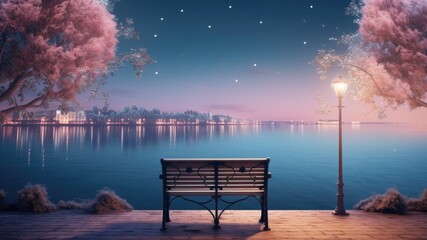 An antique bench on an upper deck overlooking lake and pink blossoms, wishes for romantic moments, layout for wedding marriage wishes and celebration background with copy space for text