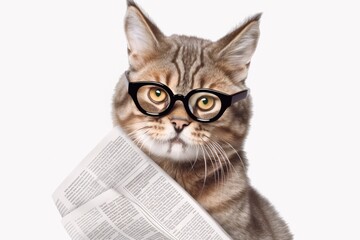Cute cat wearing eyeglasses and reading newspaper on white background. Generative AI