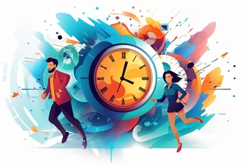 Colorful graphic illustration of people running around for deadlines with a big clock - obrazy, fototapety, plakaty