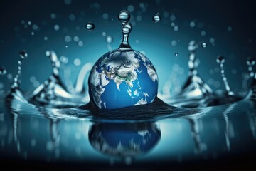 Earth planet in water with water drops. Water day concept. Generative AI