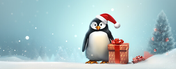 christmas card with cartoon penguin with gift on winter forest background, legal AI