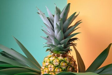 Pineapple on green leaves on colorful background. Minimal summer concept. Generative AI.