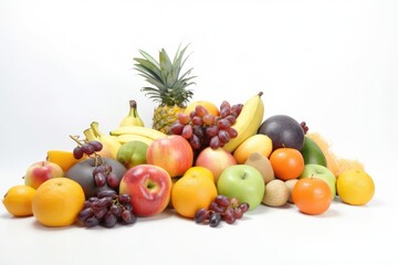 Fruits were arranged in a pile on a white background, including apples, grapes, oranges, bananas, pears and more. Generative AI