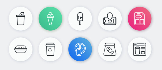 Set line Round the clock delivery, Restaurant cafe menu, Lunch box, Online ordering fish, Food on mobile, Ice cream, food and Cup of tea icon. Vector