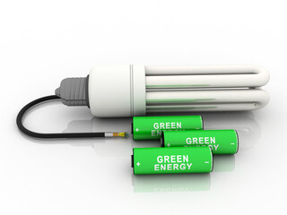 3d rendering Electrical energy and power supply source concept, accumulator battery with cfl bulb