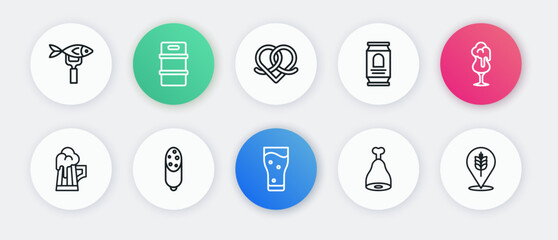 Set line Glass of beer, Wooden mug, Chicken leg, Beer can, Pretzel, Wheat and Salami sausage icon. Vector