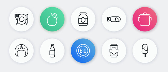 Set line Banner for bio, Cooking pot, Fish steak, Soda can, Salami sausage, Jam jar, Ice cream and Bottle of wine icon. Vector