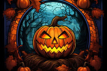 Stained glass Halloween pumpkin, jack-o-lantern