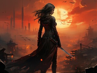 Woman warrior silhouette with sword at fiery sunset in Asian style AI
