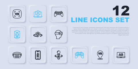 Set line Virtual reality, Augmented AR, 360 degree view, Gamepad, 3d modeling, and VR controller game icon. Vector