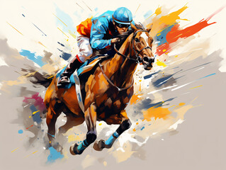 watercolor illustration, a racing horse with its jockey is portrayed in the dynamic realm of equestrian sports.
