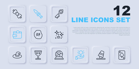 Set line Game thimbles, Playing cards, Magic runes, Ball levitating above hand, Wallet, Medieval goblet, Dagger and ball icon. Vector