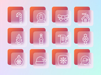 Set line Merry Christmas house, Santa Claus hat, Envelope, Snowflake, Champagne bottle, Gift bow, Candy cane with stripes and snow globe icon. Vector