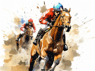 watercolor illustration, a racing horse with its jockey is portrayed in the dynamic realm of equestrian sports.