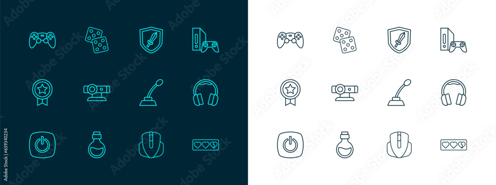 Poster set line game console with joystick, bottle magic elixir, microphone, computer mouse, web camera, sw